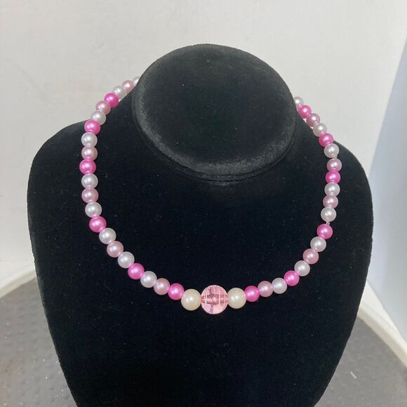 BARBIE Core Pink White Swirl Rose Colored Beads Statement Choker Necklace 16 in - Picture 2 of 11